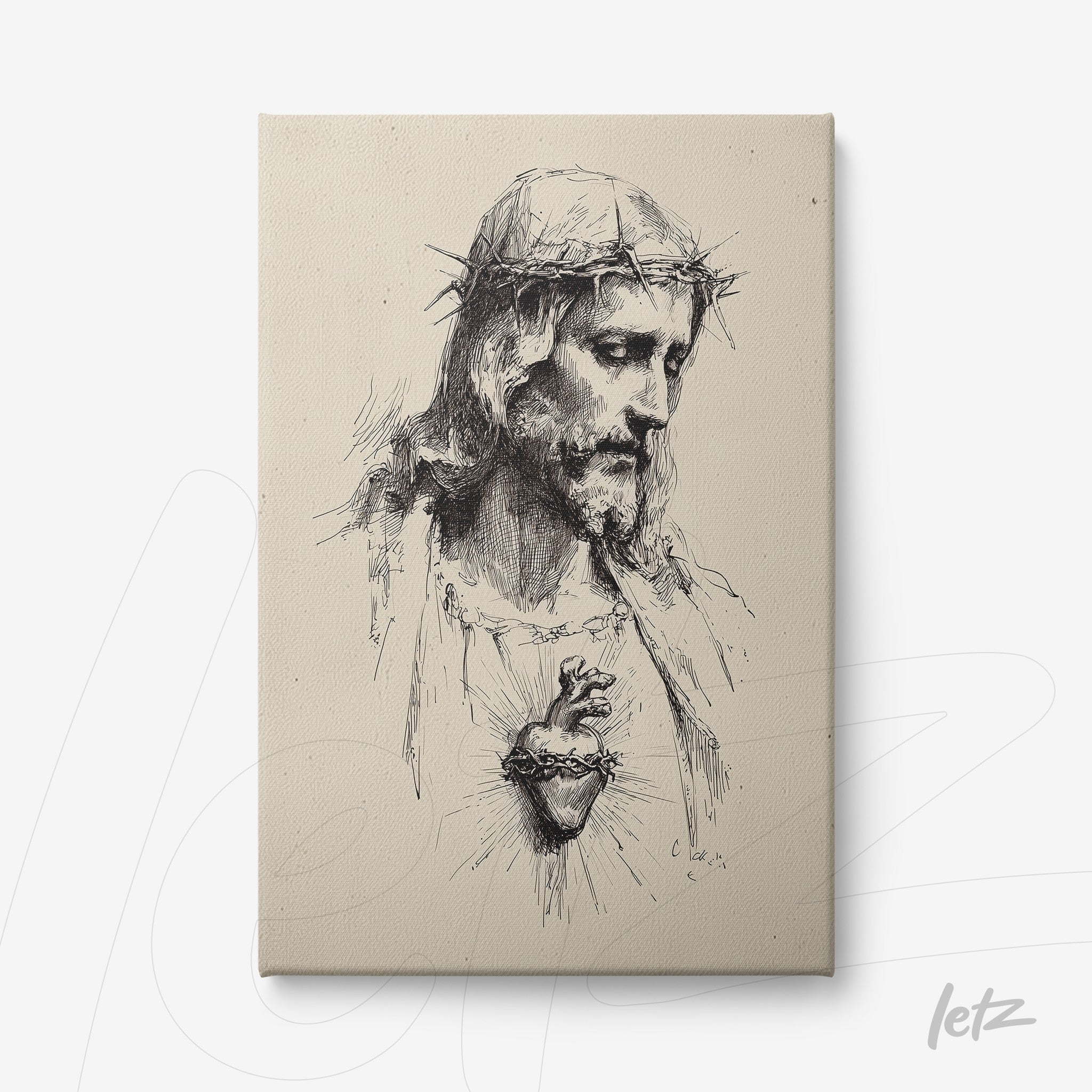 canvas artwork featuring a classical portrait of crucified Christ with a neutral background and black ink details