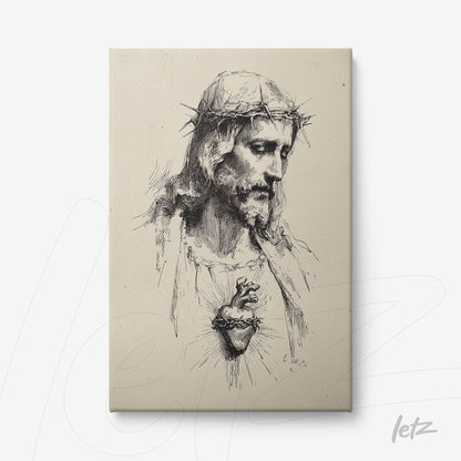 canvas artwork featuring a classical portrait of crucified Christ with a neutral background and black ink details