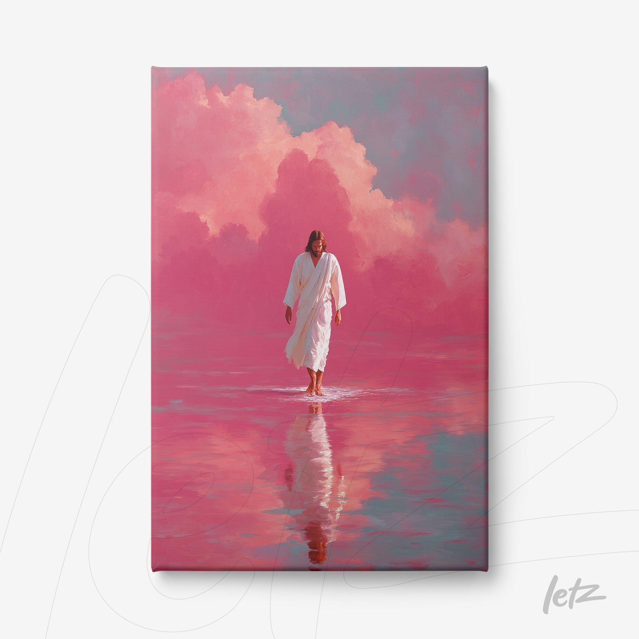 canvas print featuring religious art of Jesus walking on water with a pink background and soft clouds