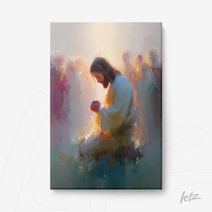 canvas artwork depicting Jesus in prayer surrounded by glowing figures with a soft background