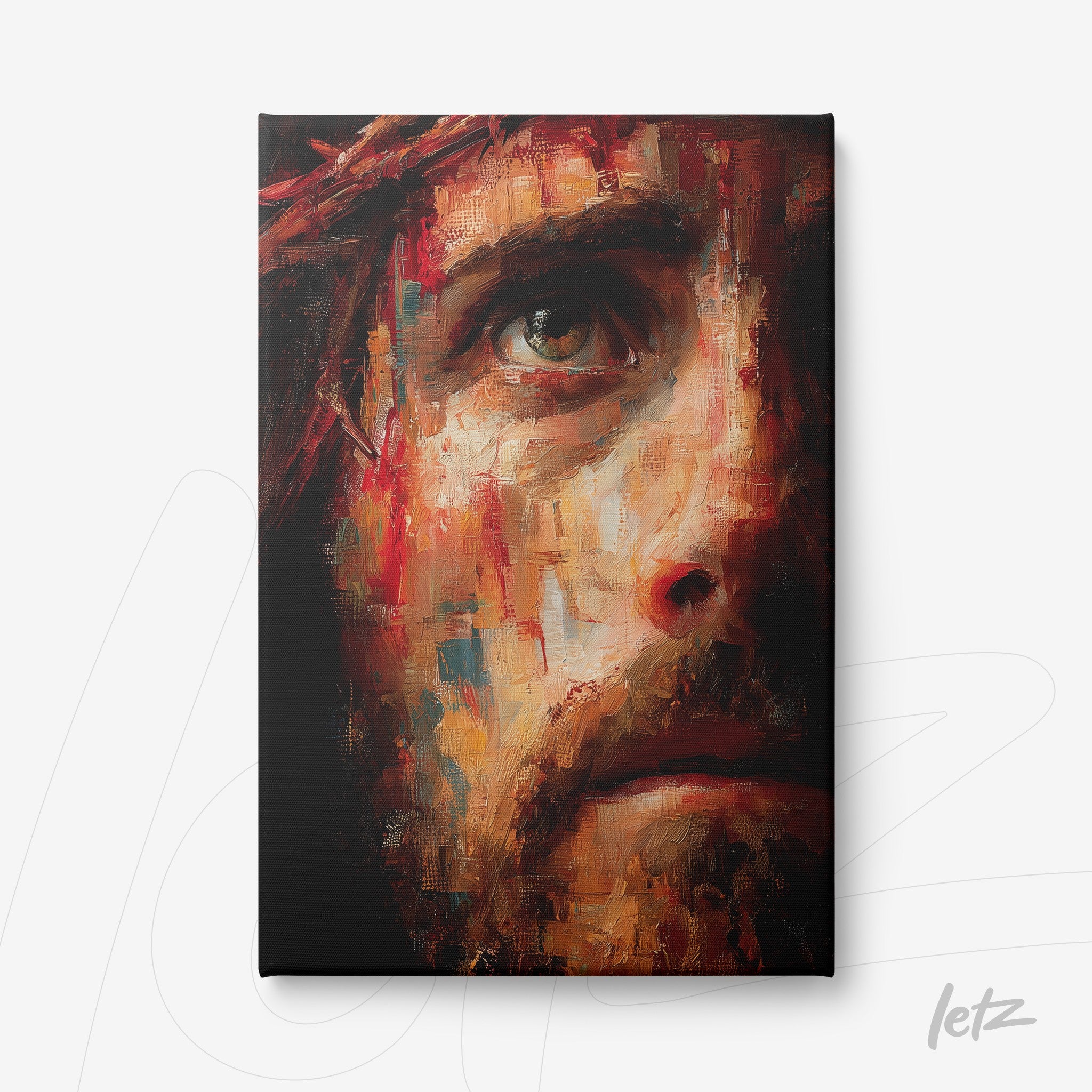 canvas featuring an expressive portrait of a male face with vibrant tones and dark background