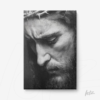 canvas art depicting a somber man with a crown of thorns in black and white