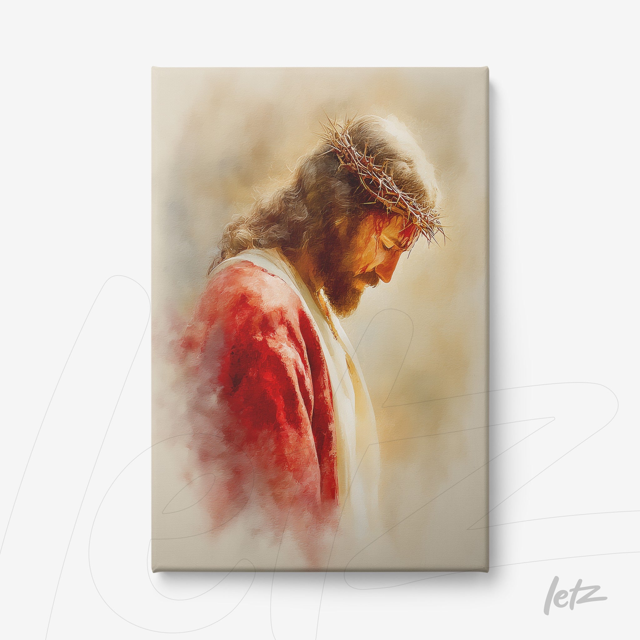 canvas print featuring an image of Jesus Christ in profile wearing a crown of thorns and red robes, soft light background in light tones