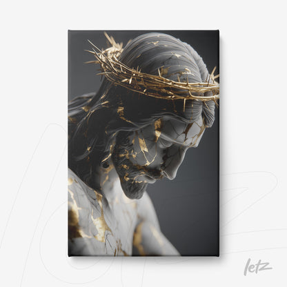 canvas artwork depicting the figure of Christ with golden details and a crown of thorns