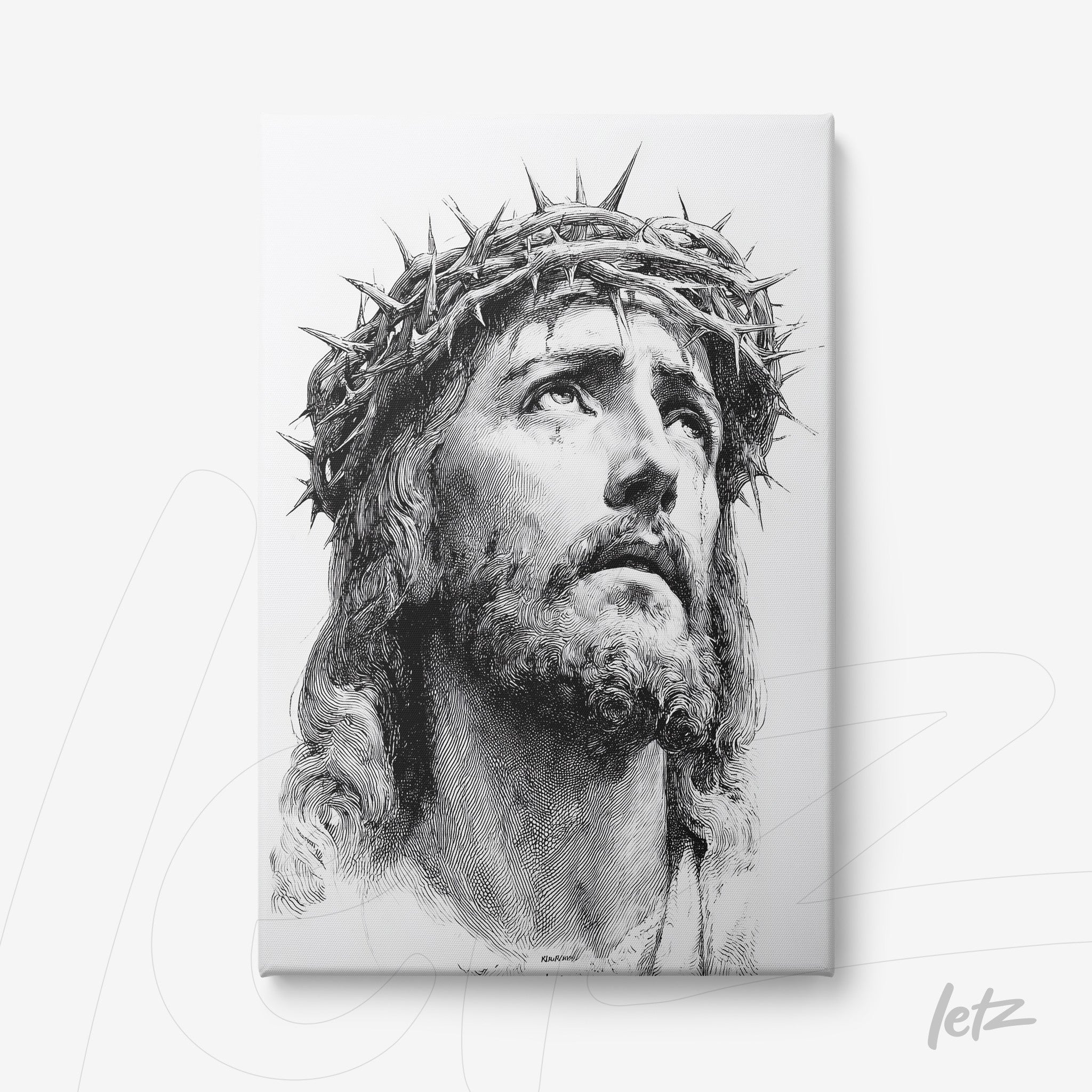 canvas print featuring a black and white portrait of Jesus Christ wearing a crown of thorns