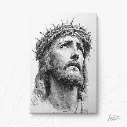 canvas print featuring a black and white portrait of Jesus Christ wearing a crown of thorns