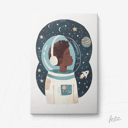 canvas print featuring an illustration of a young astronaut boy with a helmet, stars and planets in the background