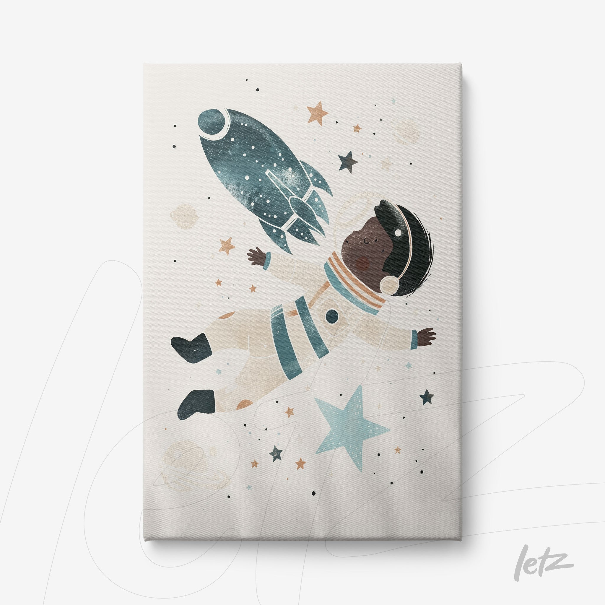 canvas art featuring a black astronaut floating in space with a rocket and planets on a light background
