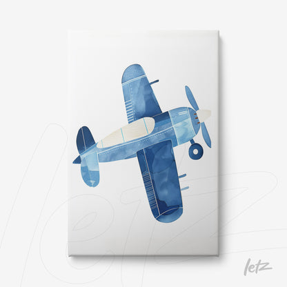 canvas print featuring a blue watercolor illustration of an airplane on a light background