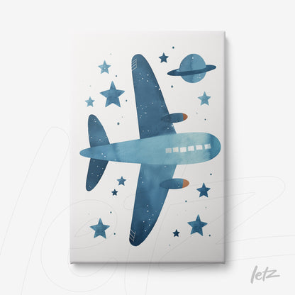 canvas art featuring a blue airplane on a white background surrounded by stars and a planet