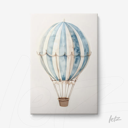 canvas print featuring a hot air balloon illustration in blue and white shades