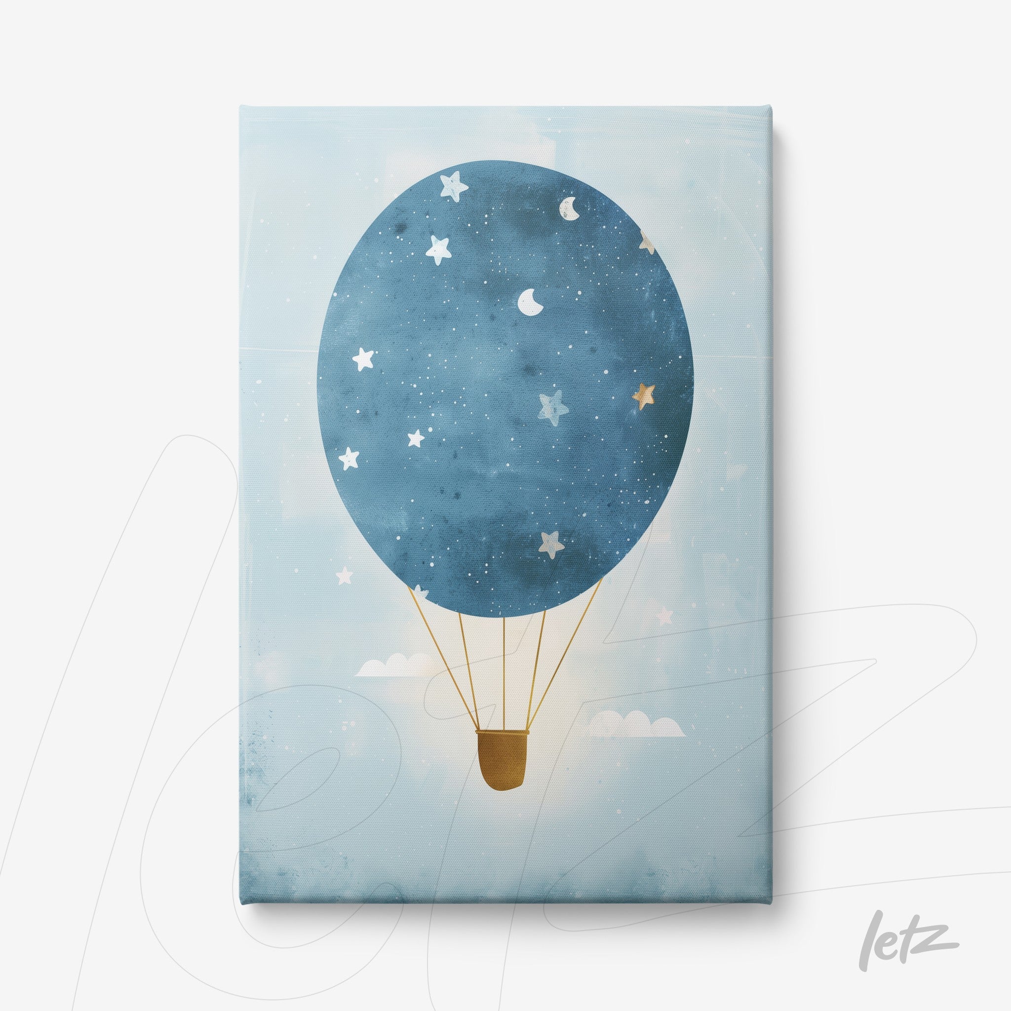 canvas print featuring a light blue hot air balloon against a blue background with stars and clouds