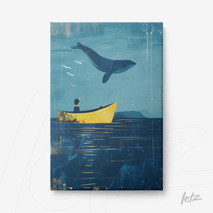 canvas art featuring a boy in a yellow boat watching a whale leaping in a blue background