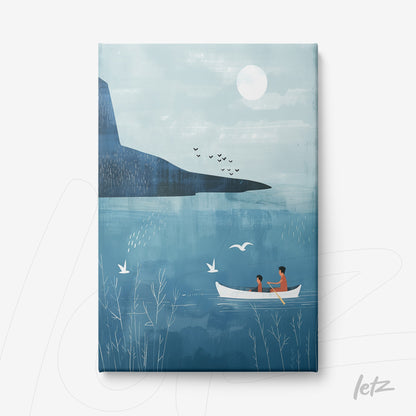 canvas artwork depicting a couple in a boat on a serene lake with mountains in the background and a blue sky