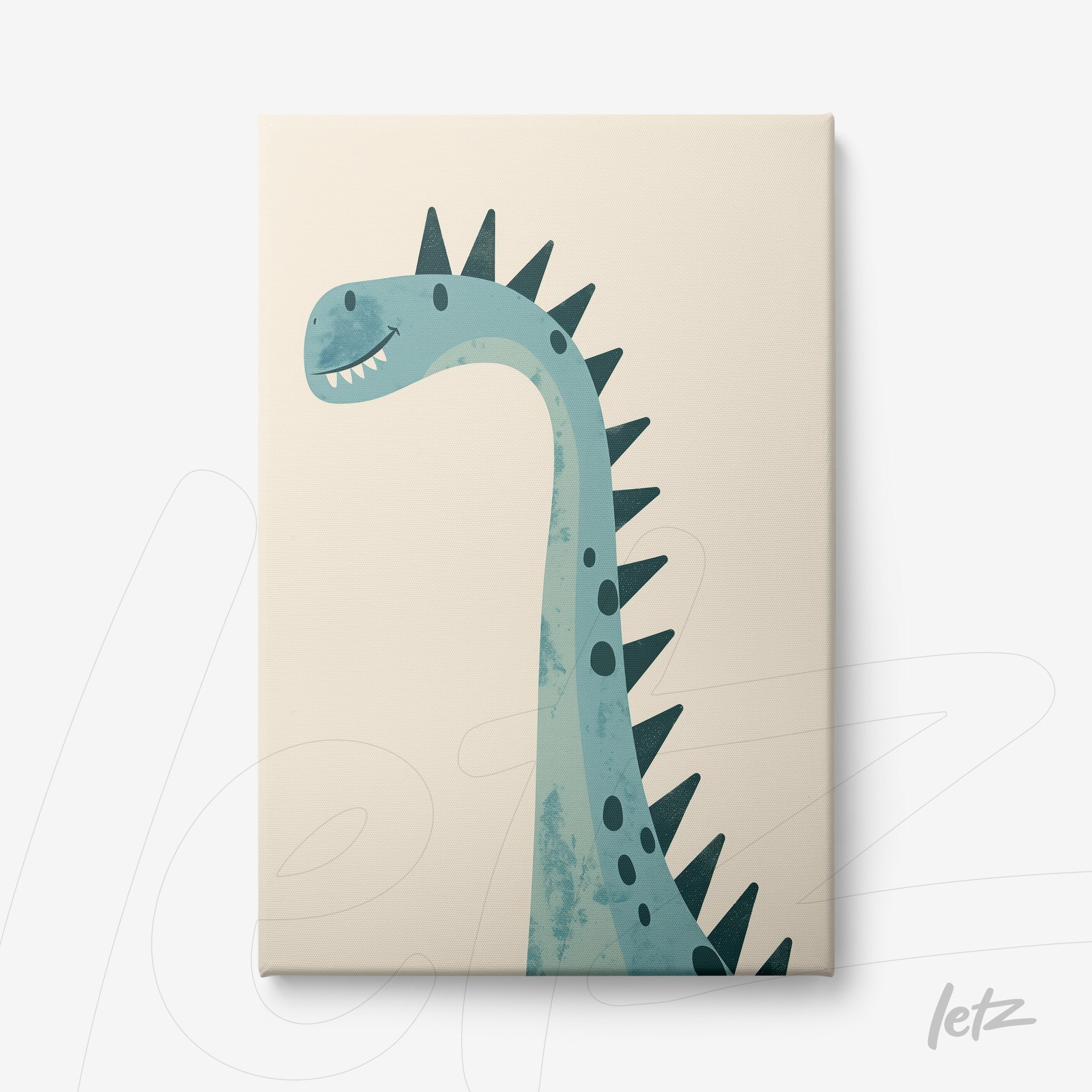 canvas print featuring a blue dinosaur illustration with spikes on its head against a light background