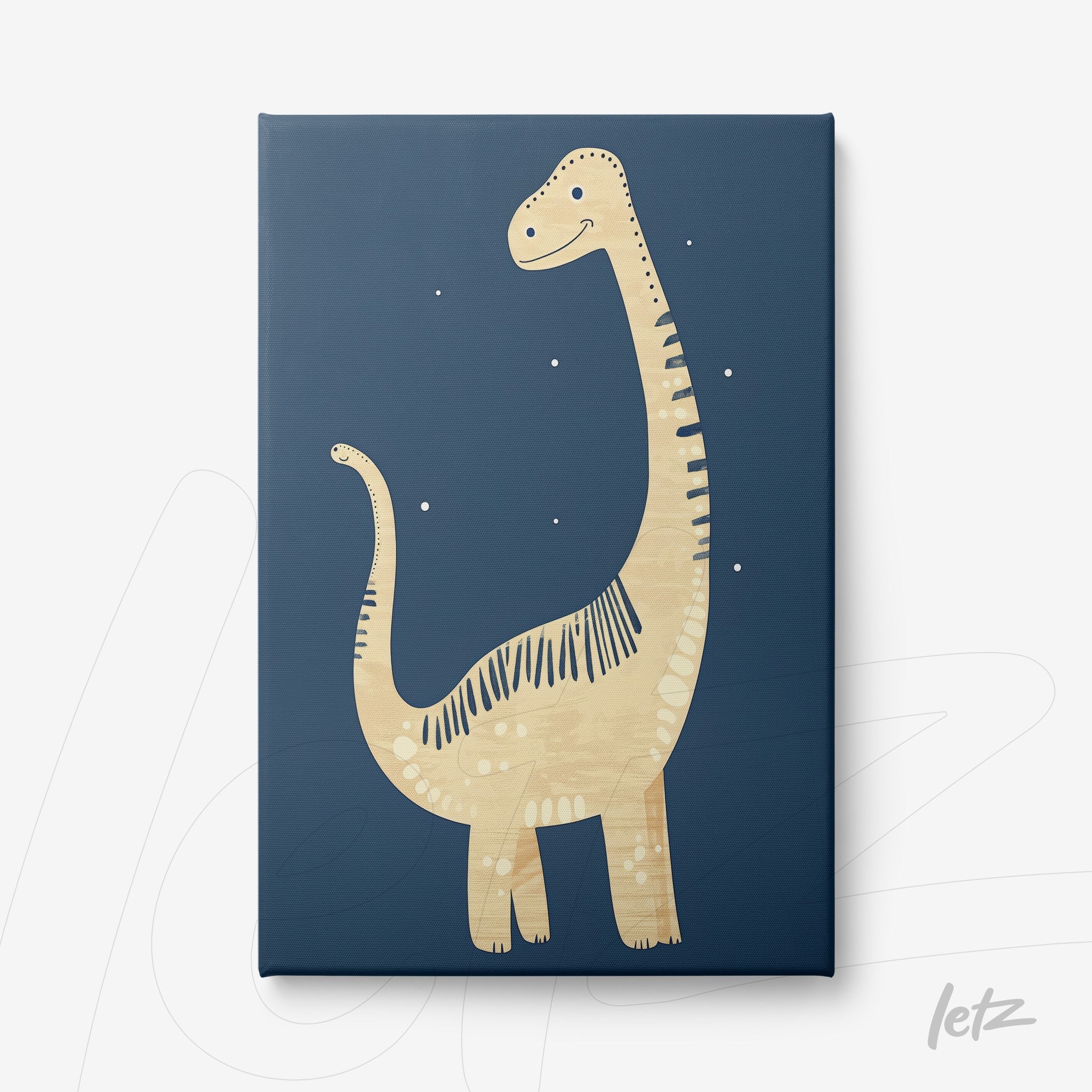 canvas art featuring playful dinosaur illustration on dark blue background