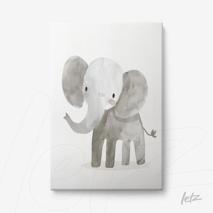 canvas print featuring a playful illustration of a gray and white elephant with soft lines and a friendly expression