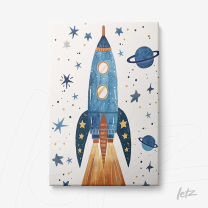 canvas print featuring a blue rocket illustration against a starry space background with planets