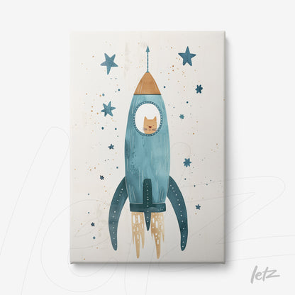 digital artwork of a blue rocket with a cat inside surrounded by stars on a light background
