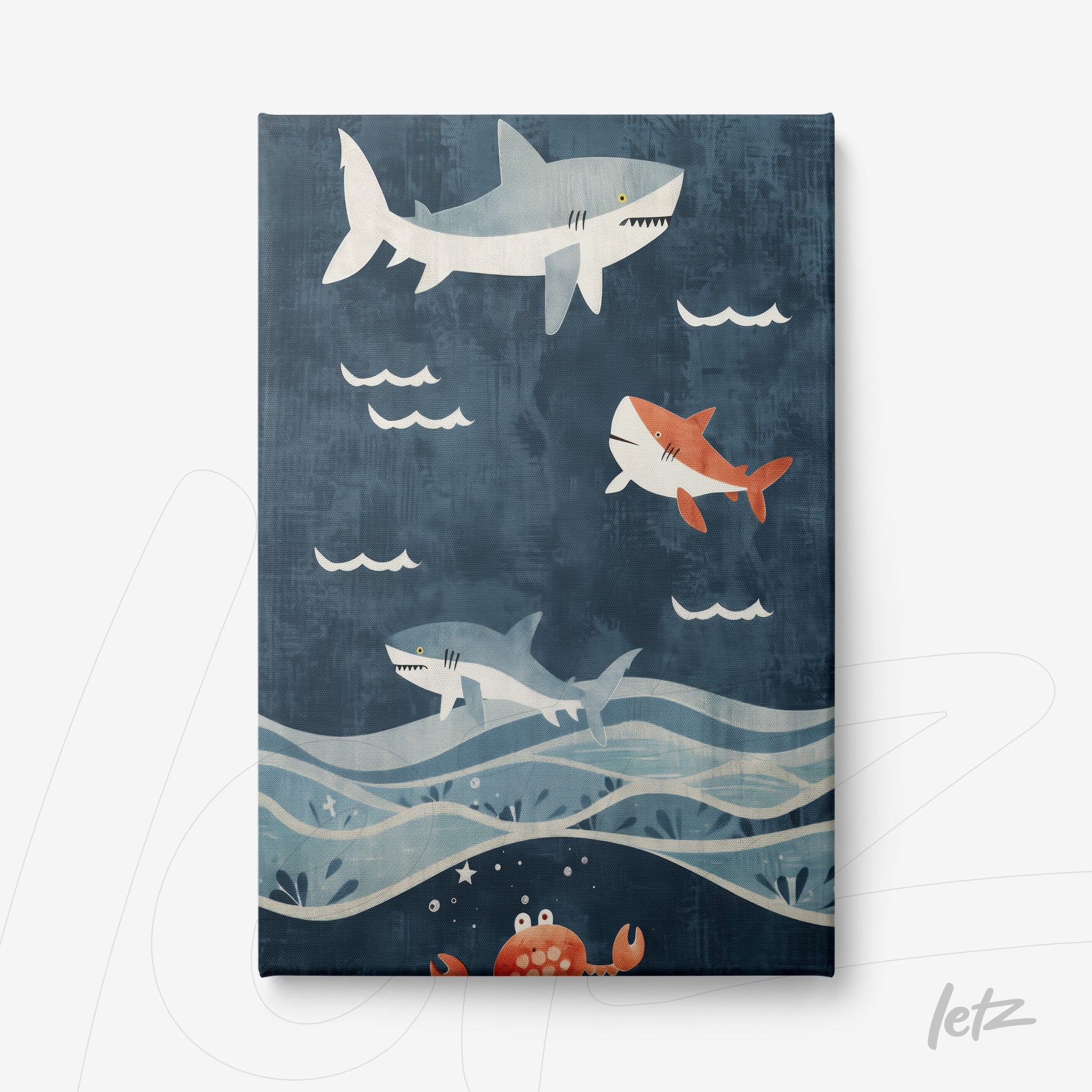 canvas print featuring illustration of sharks swimming in a dark blue ocean background, highlighting a crab at the bottom