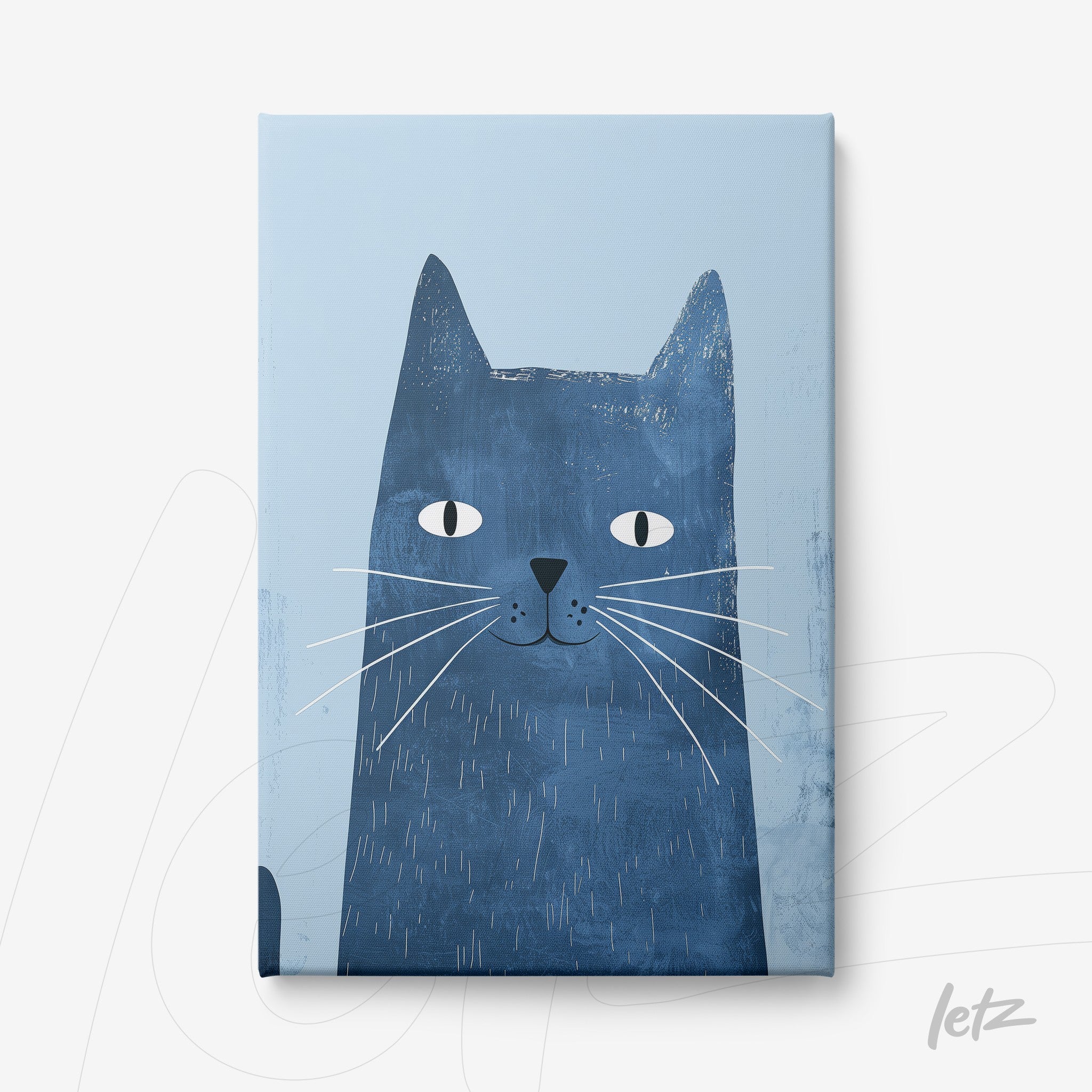 canvas print featuring a blue cat illustration on a light blue background