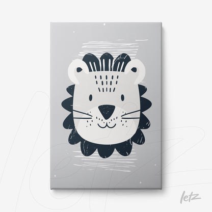 canvas art featuring a minimalist lion illustration on gray background
