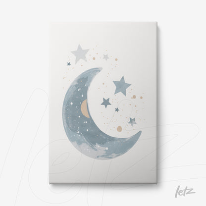 canvas print featuring a crescent moon illustration in shades of blue surrounded by stars and dots in gold and beige on white background
