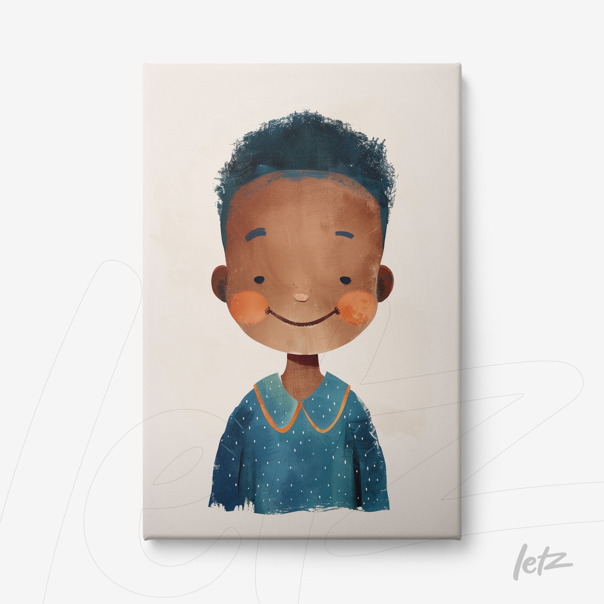 canvas print featuring a smiling girl illustration with curly hair and blue top