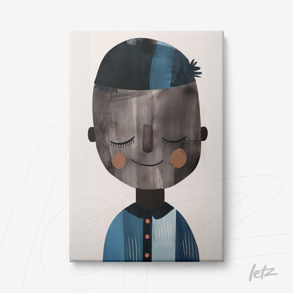 canvas art featuring a smiling character illustration with geometric shapes in gray and blue tones