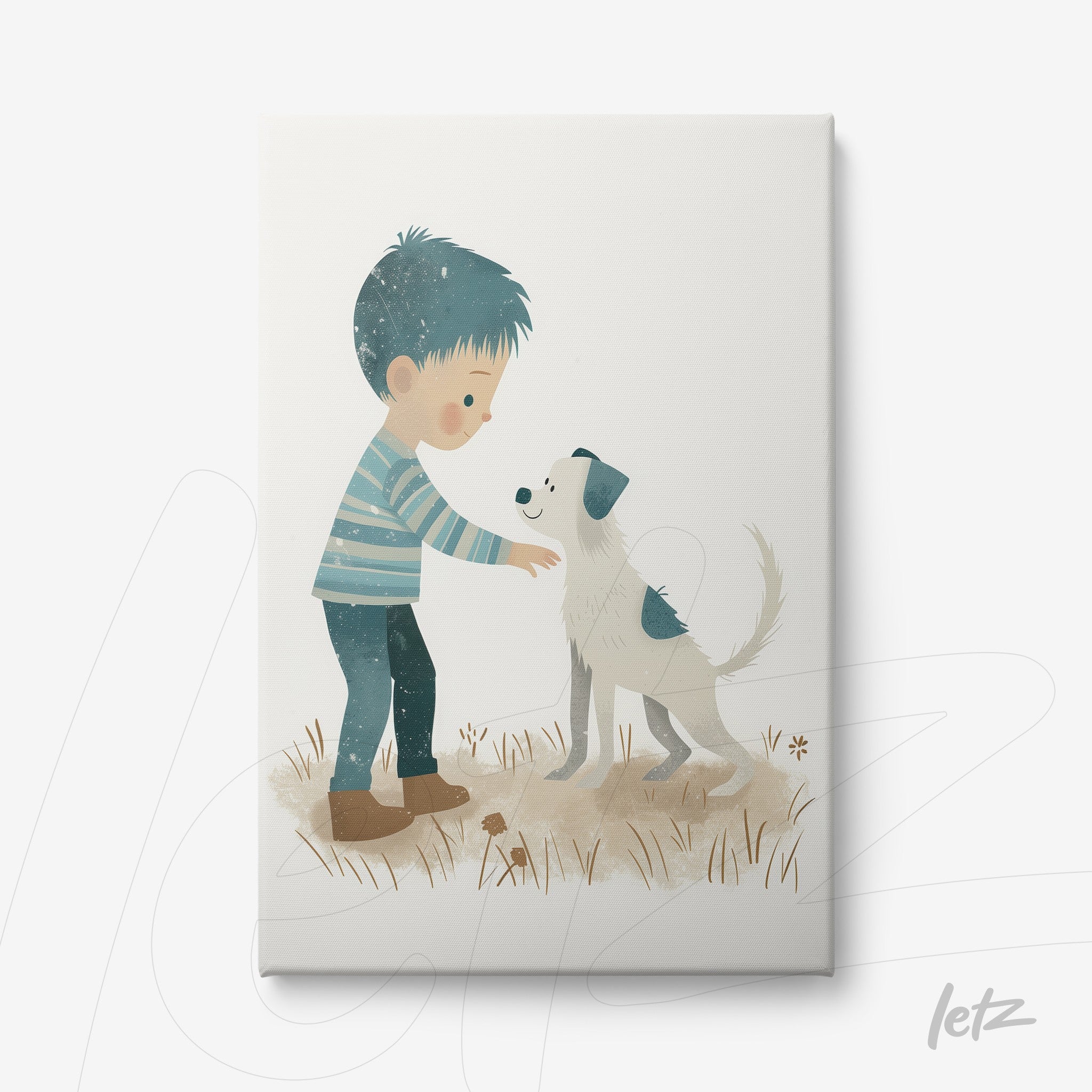 canvas print featuring a boy petting a dog in a light background