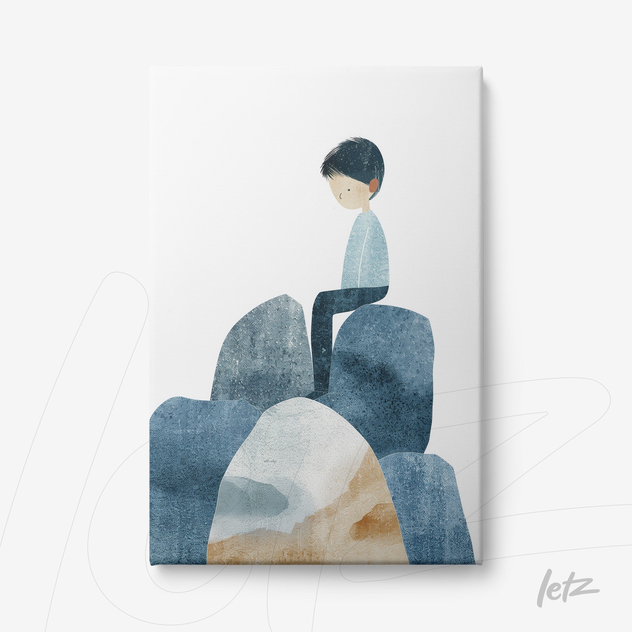 canvas print featuring illustration of a boy sitting on rocks in shades of blue and beige