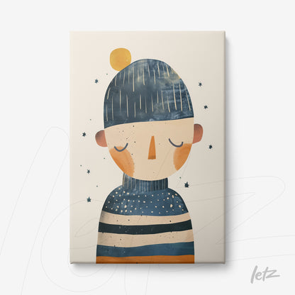 canvas art of a boy wearing a blue beanie and striped shirt in shades of blue, orange, and white against a light background with stars