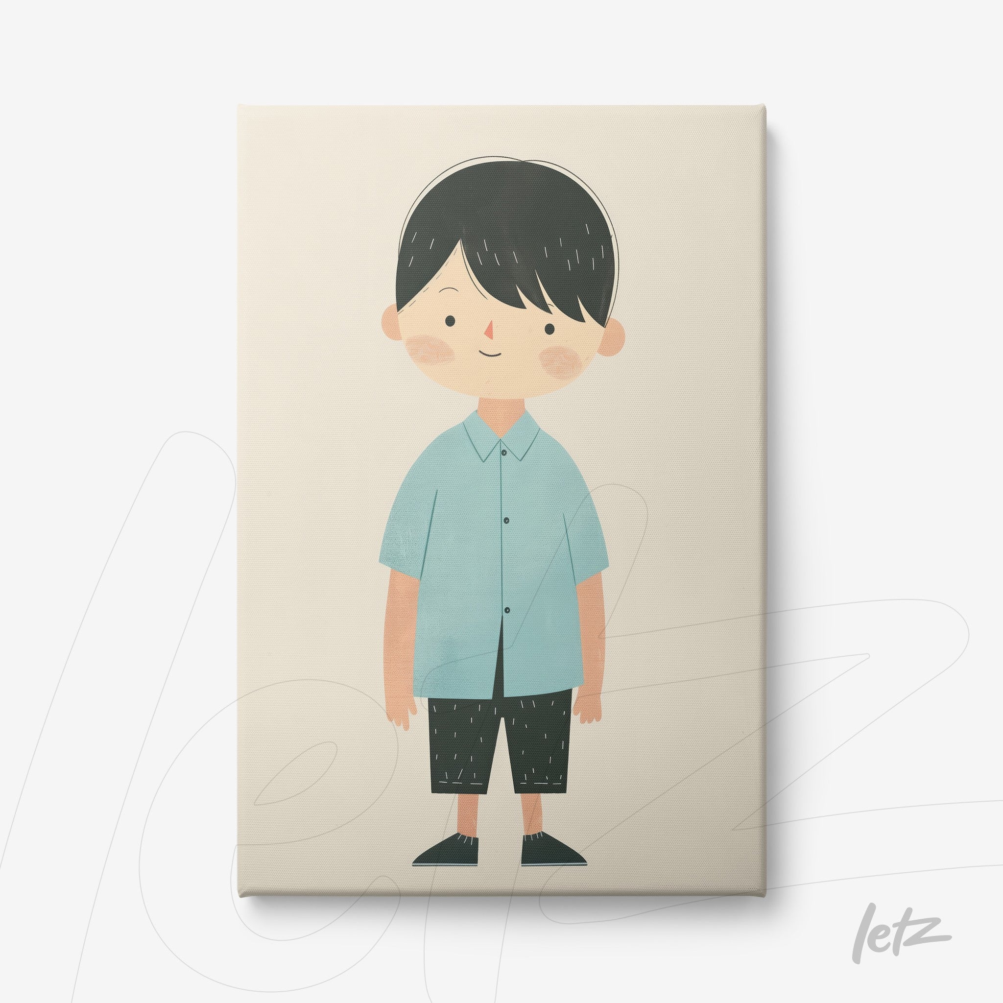 canvas print featuring a smiling boy illustration wearing a blue shirt and black pants