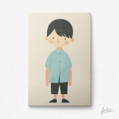 canvas print featuring a smiling boy illustration wearing a blue shirt and black pants