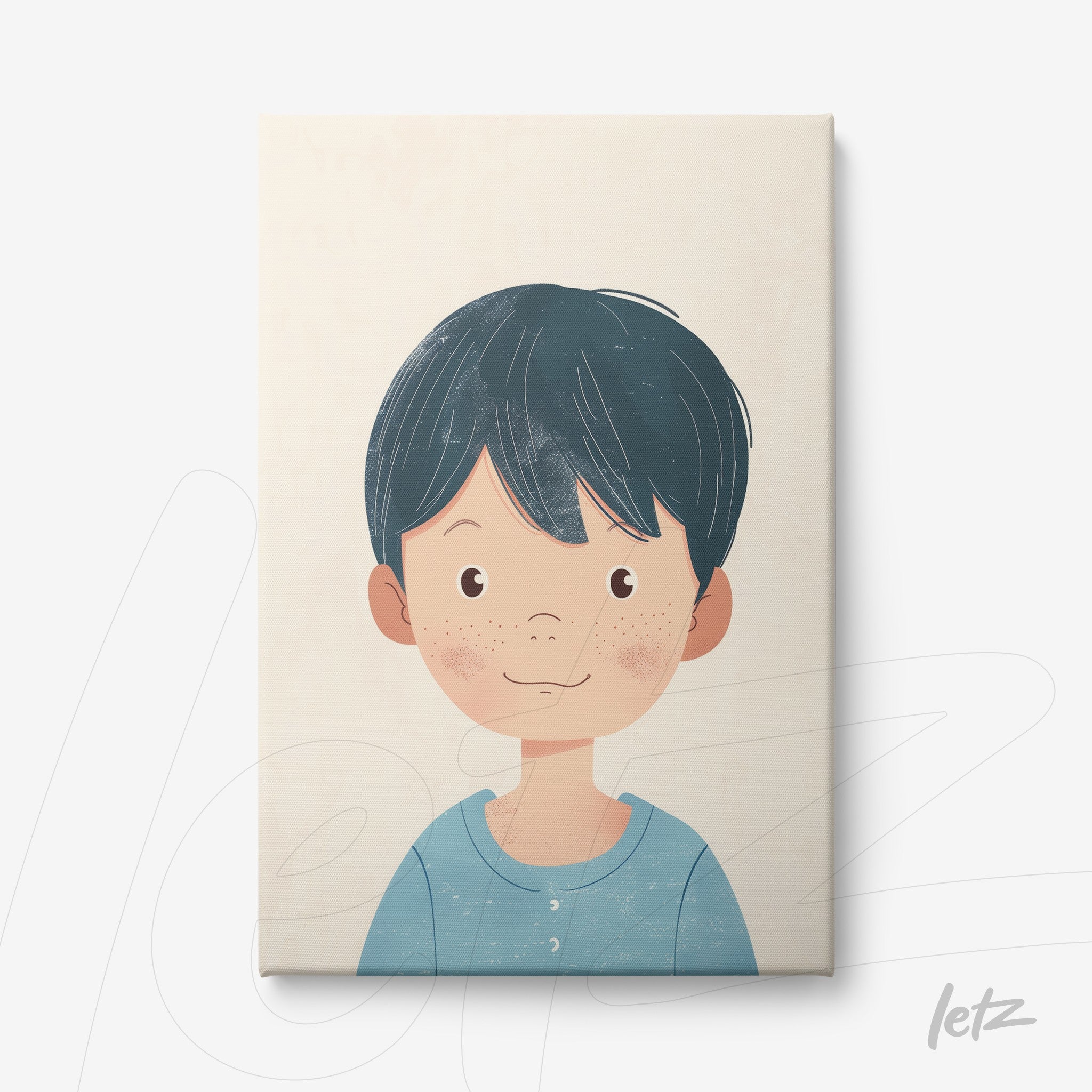 canvas artwork featuring a smiling boy with black hair and light blue shirt on neutral background