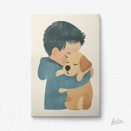 canvas print featuring a child hugging a dog with a neutral background and soft colors