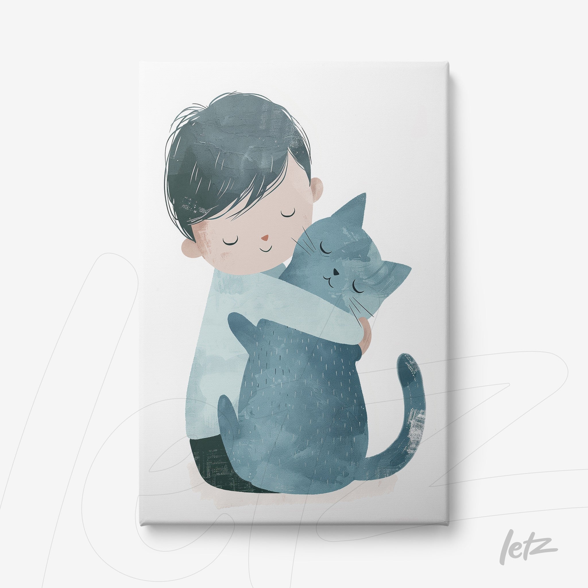 canvas print featuring an illustration of a boy hugging a blue cat on a light background