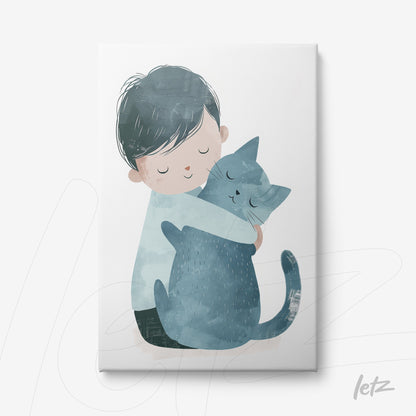 canvas print featuring an illustration of a boy hugging a blue cat on a light background