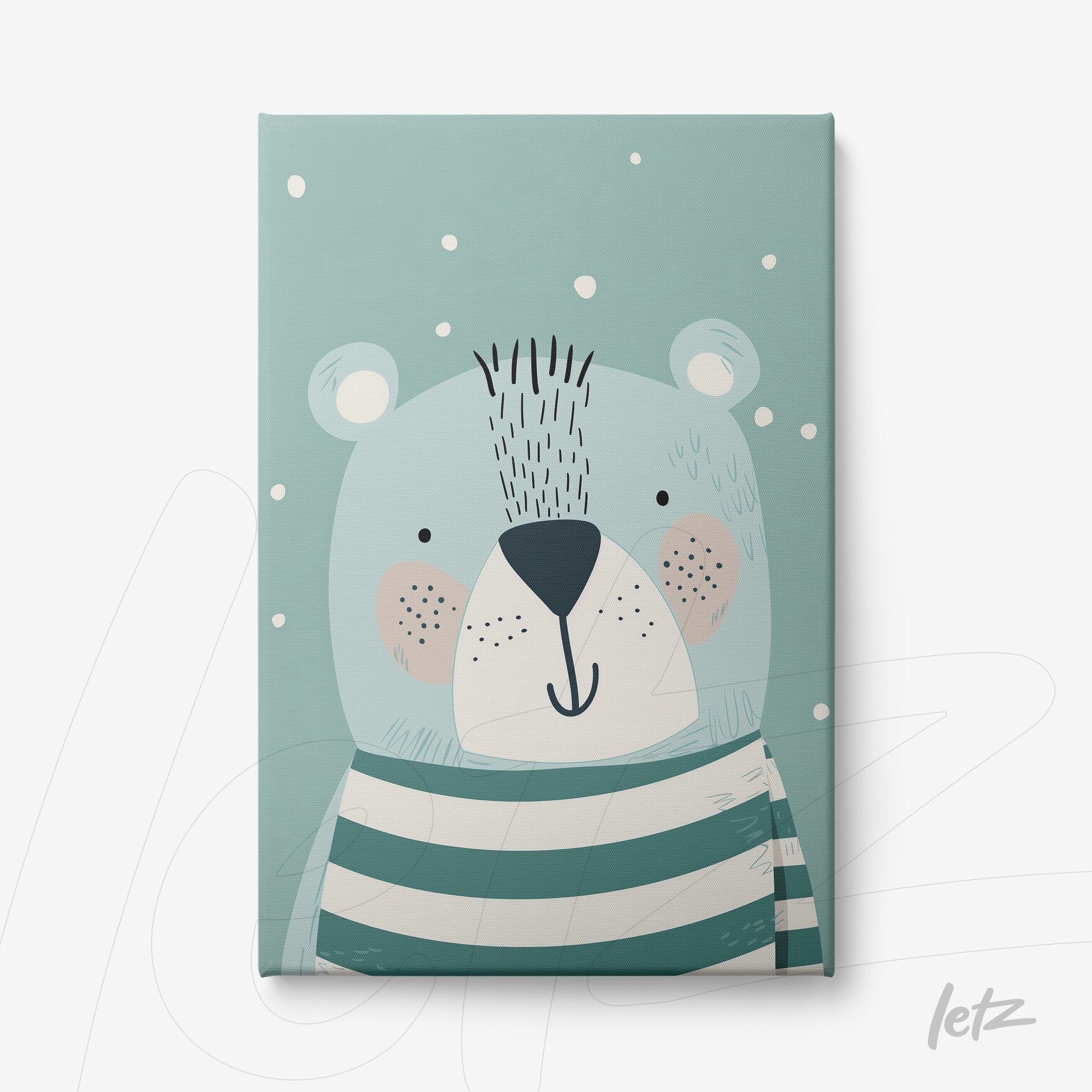 canvas print featuring a cute bear illustration on a light blue background with snowflakes