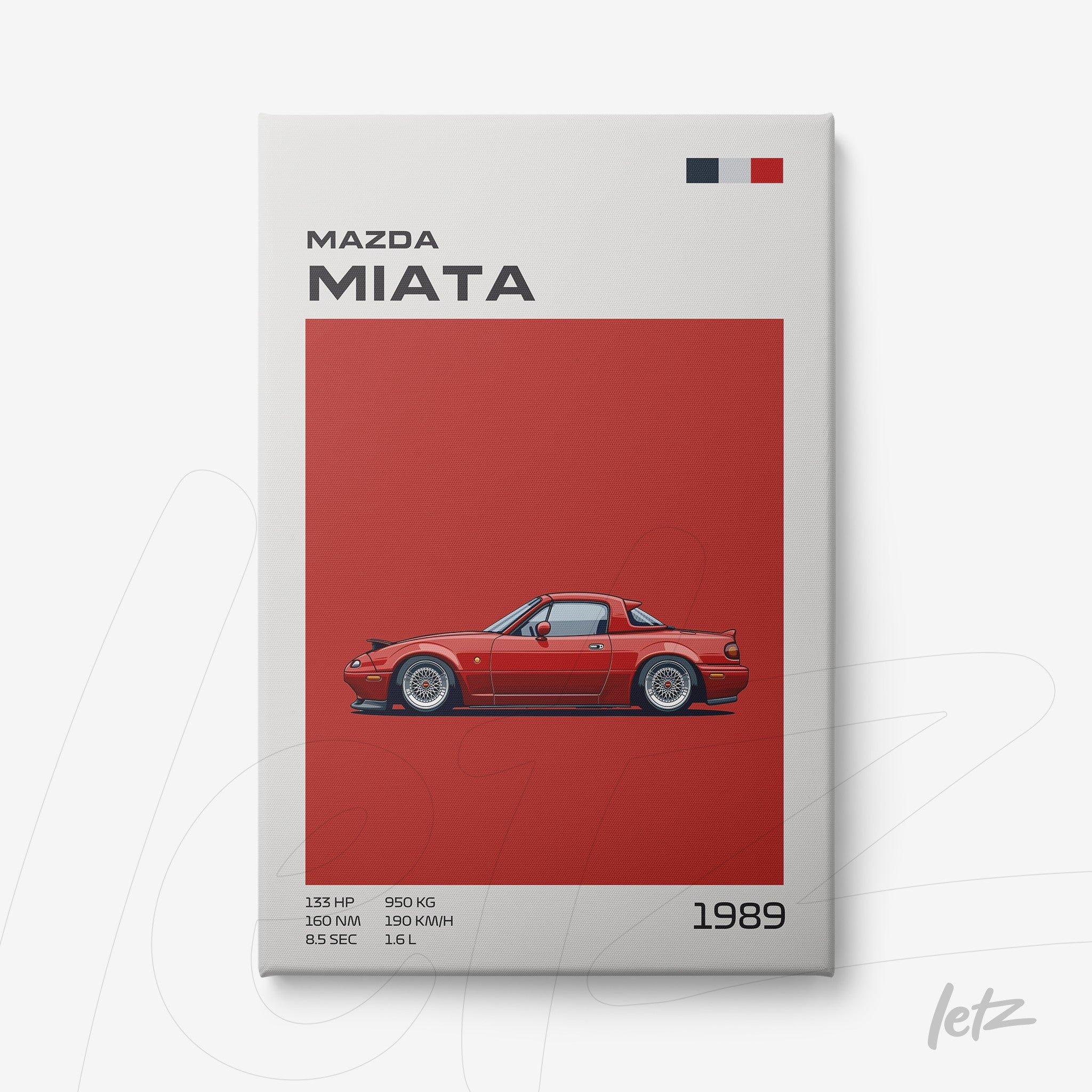 framed art featuring a 1989 Mazda Miata illustration with solid red background and details about horsepower and weight