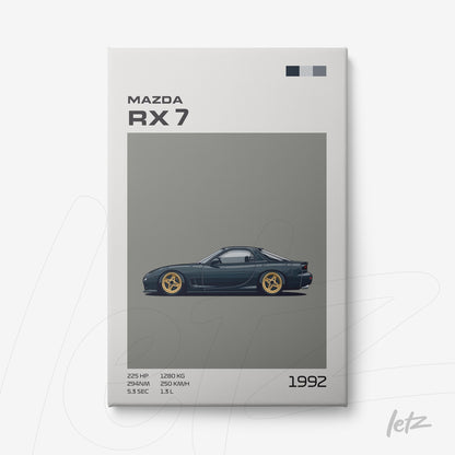 digital art print of a 1992 Mazda RX-7 against a gray background with a white frame