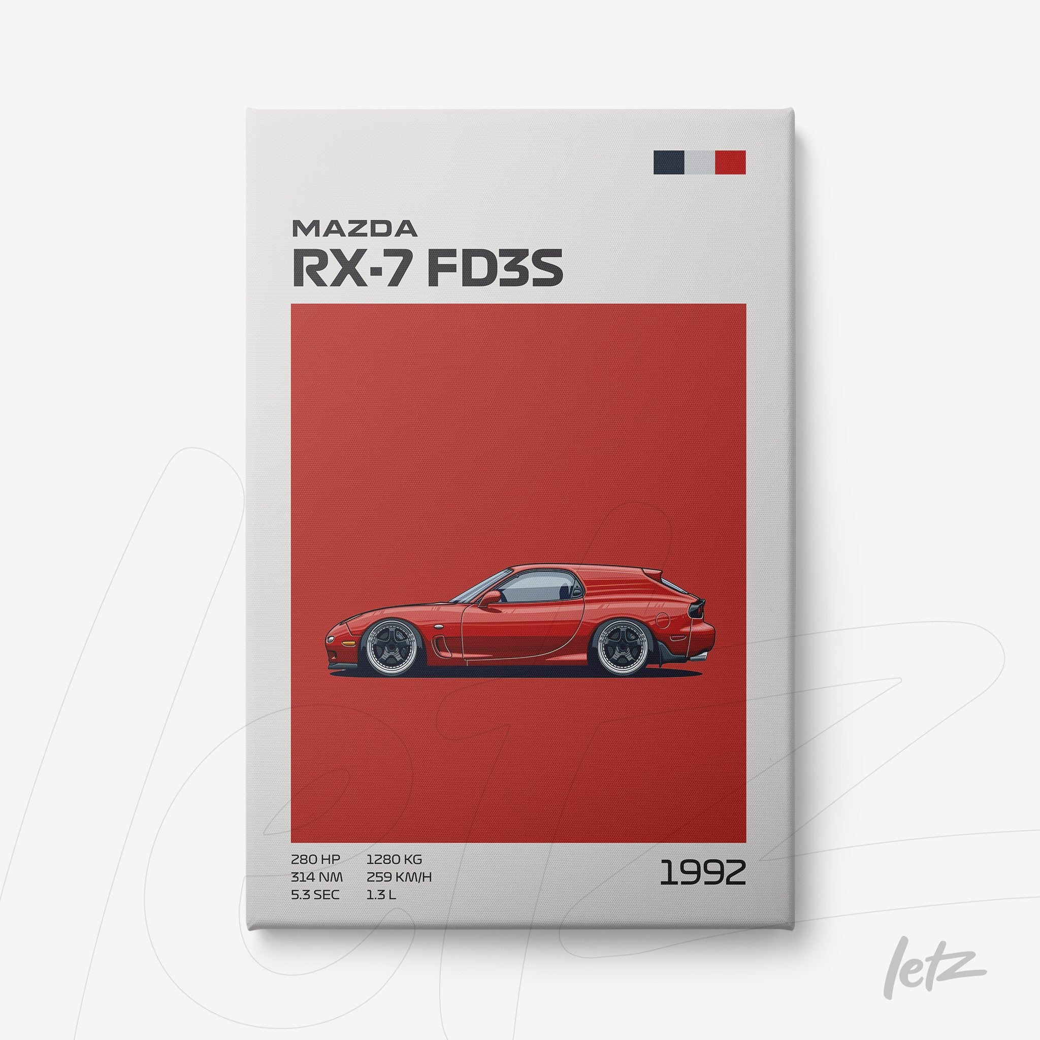 digital artwork of a Mazda RX-7 FD3S in red background