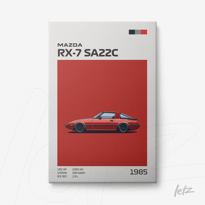 framed artwork featuring a stylized illustration of 1985 Mazda RX-7 SA22C against a solid red background