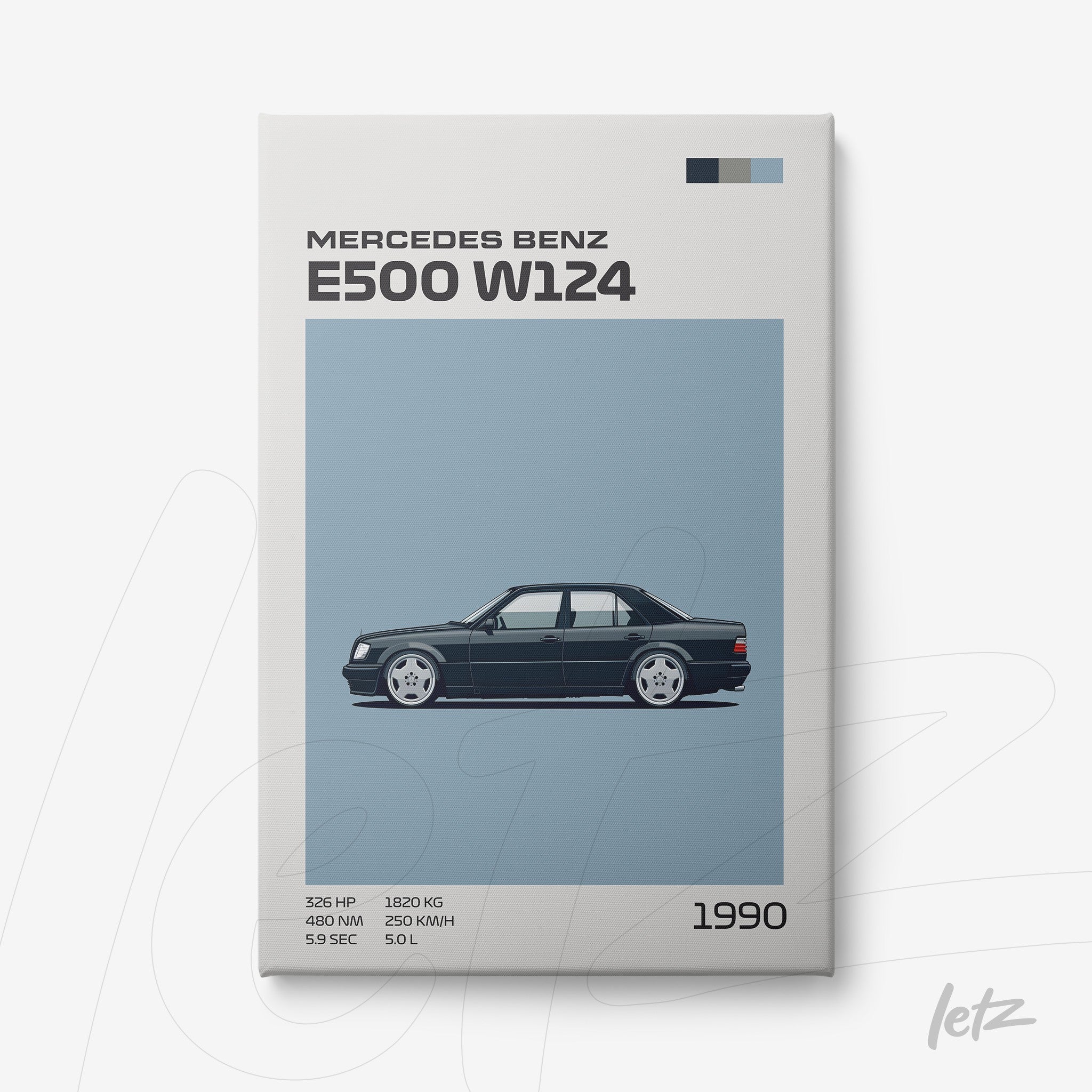 minimalist wall art featuring the Mercedes Benz E500 W124 car on a light blue background