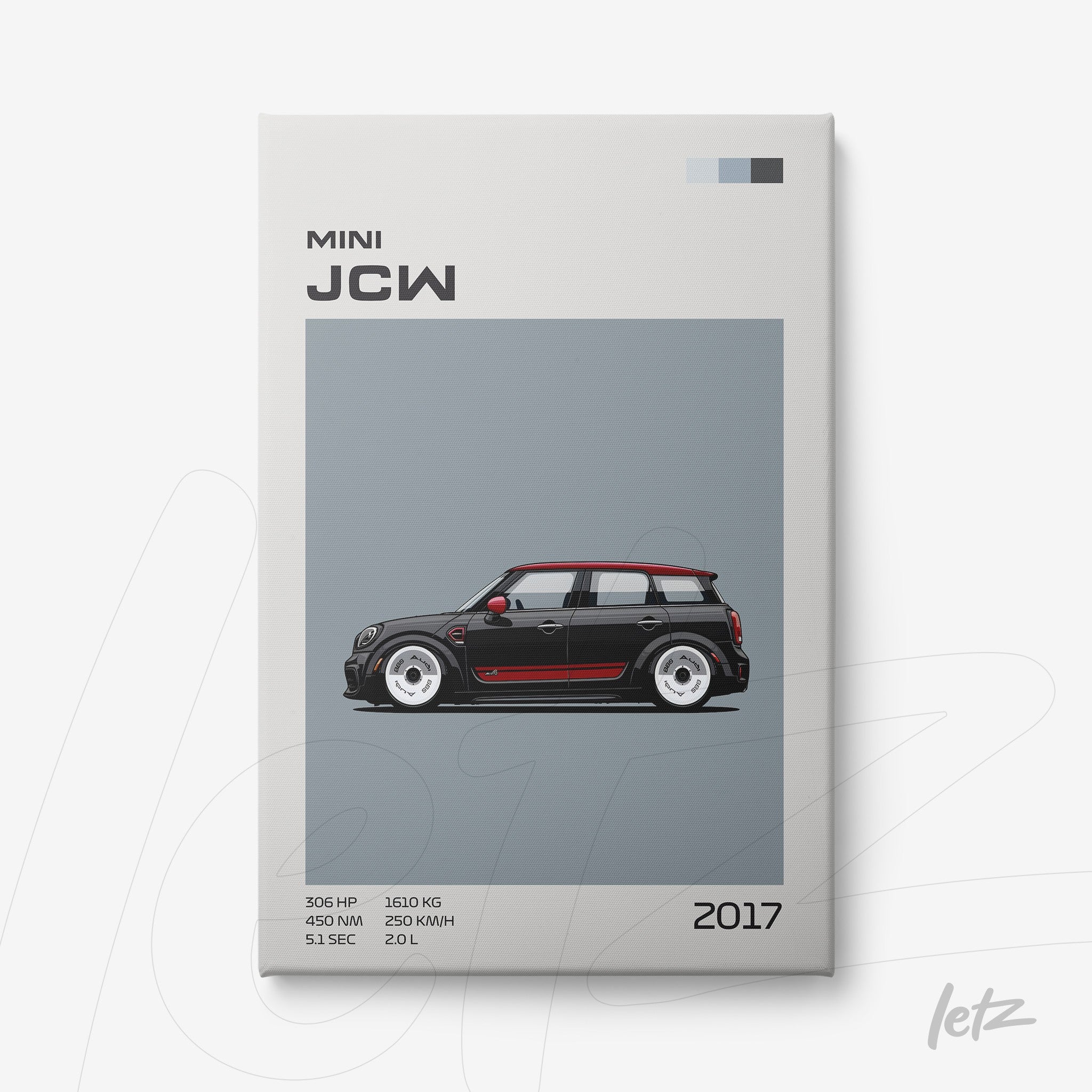 framed wall art featuring a stylized illustration of a 2017 Mini John Cooper Works on gray background