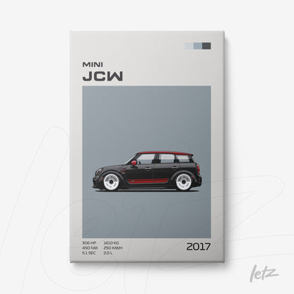 framed wall art featuring a stylized illustration of a 2017 Mini John Cooper Works on gray background