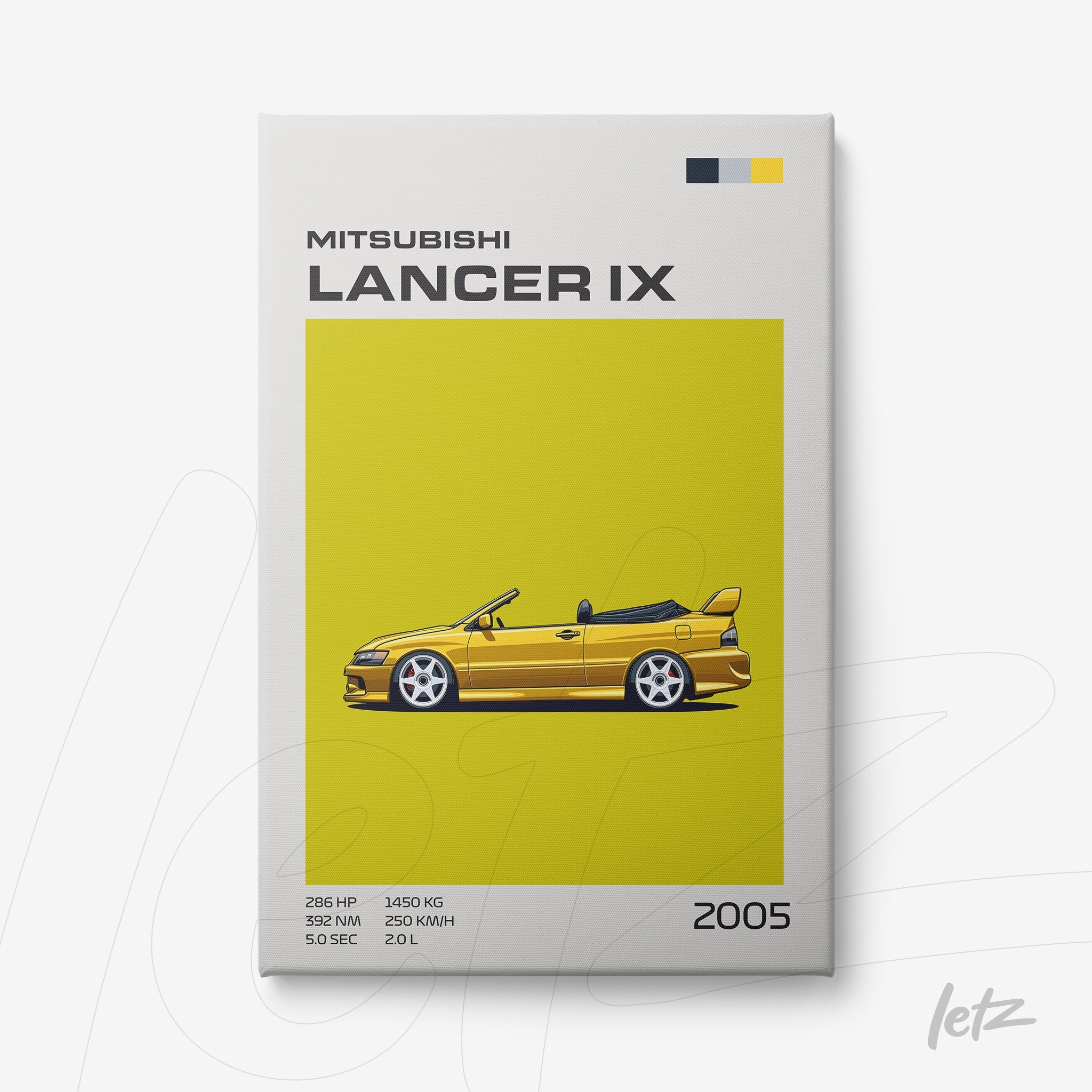 canvas print featuring a digital illustration of the 2005 Mitsubishi Lancer IX on a vibrant yellow background