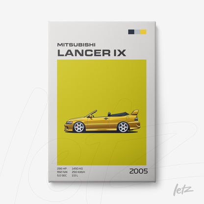 canvas print featuring a digital illustration of the 2005 Mitsubishi Lancer IX on a vibrant yellow background