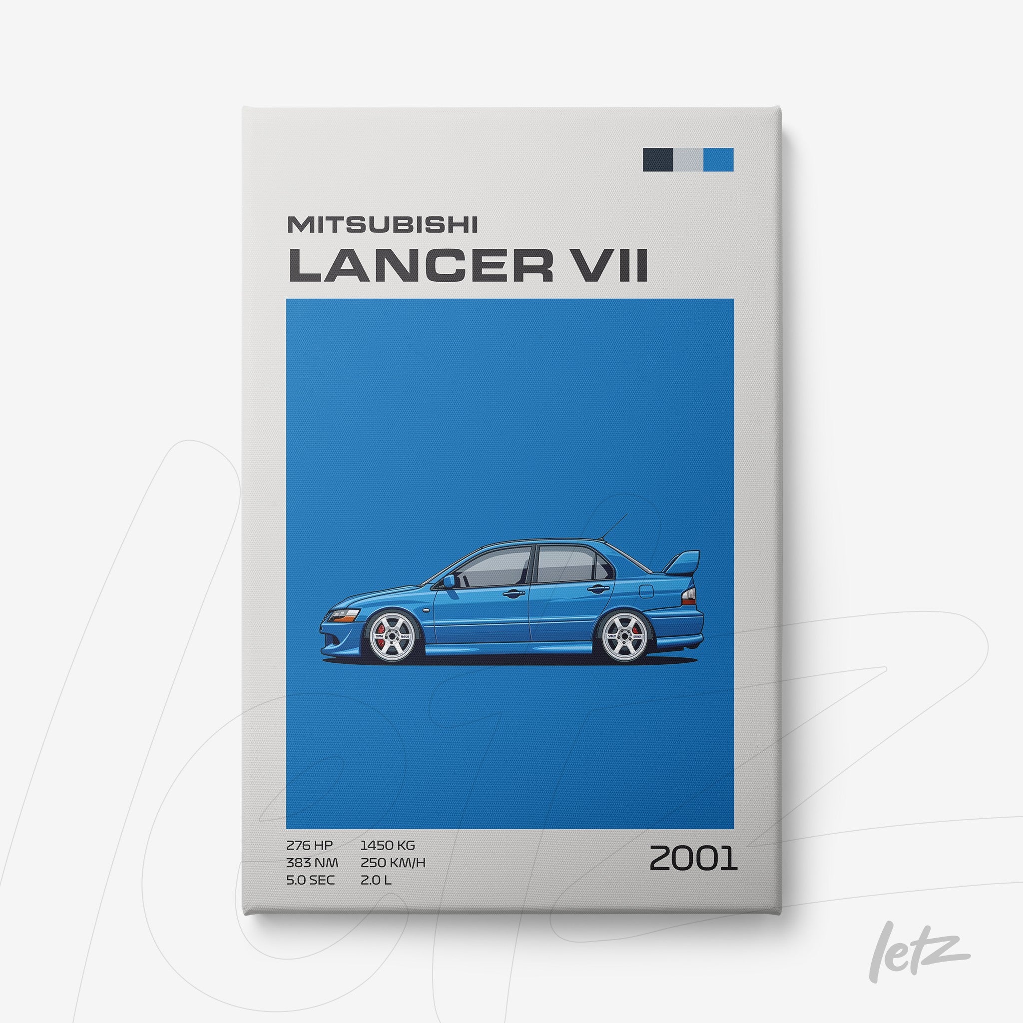 framed art print featuring Mitsubishi Lancer VII in vibrant blue background