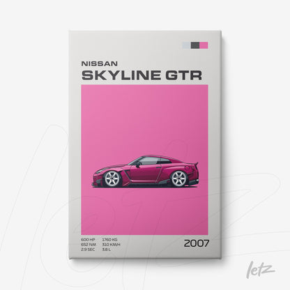 framed wall art featuring a digital illustration of Nissan Skyline GTR car on vibrant pink background